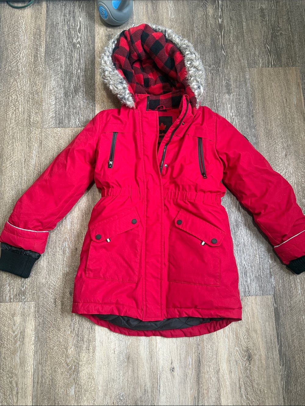 Red Hooded Winter Parka with Faux Fur Trim